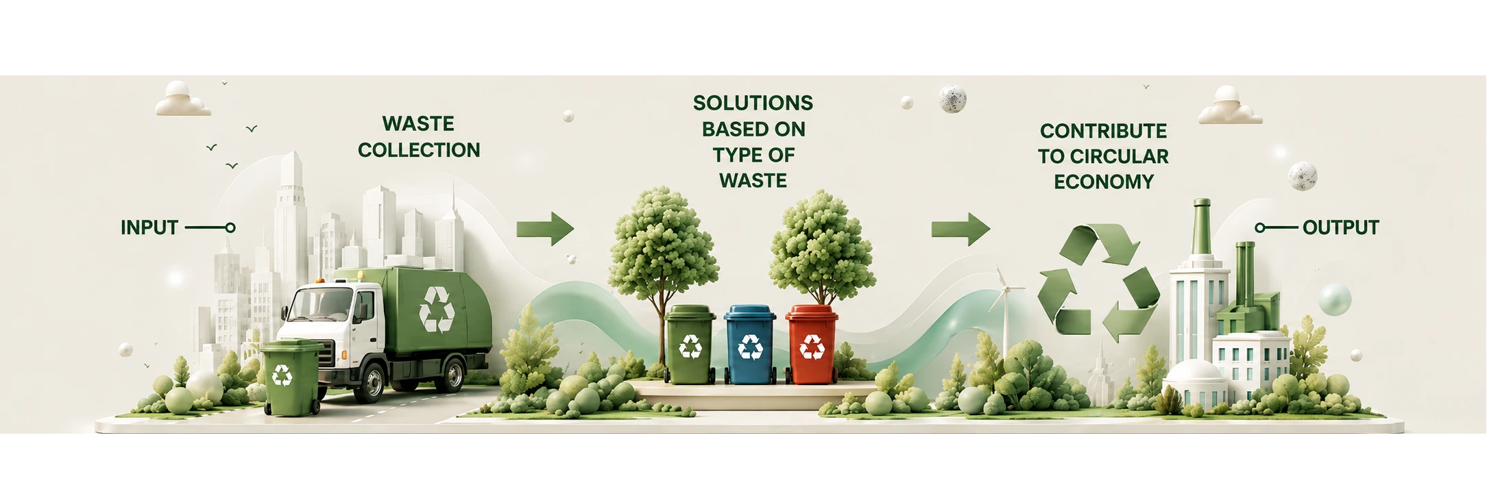 Waste flow: input, waste collection, solutions based on type of waste, contribute to circular economy, output